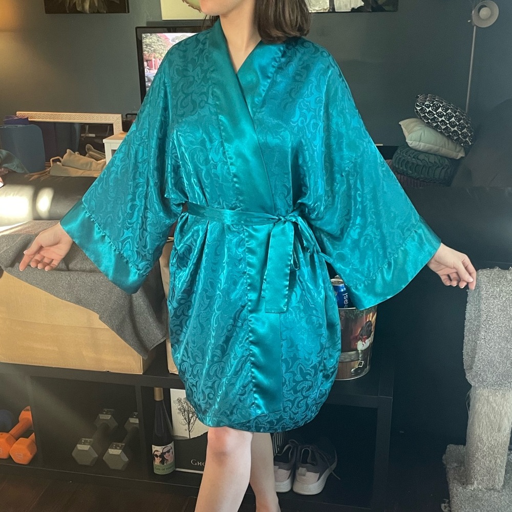 Vintage 90s Victoria’s Secret Gold Label Satin Damask Robe Teal Kimono
